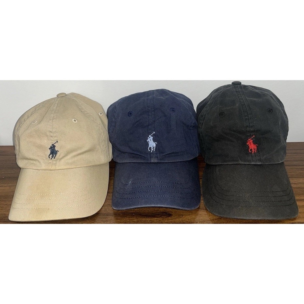 Polo Ralph Lauren Chino Baseball Cap Hat Lot 3 Tan Navy Black Vintage OS Men